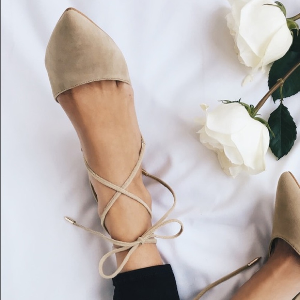 Nude Lace Up Pointed Toe Heels